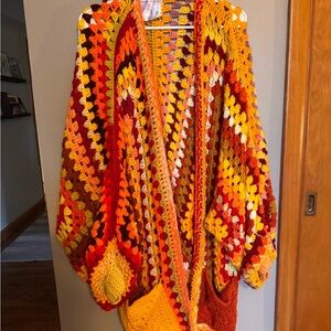 Red and Orange Geometric Cardigan Sweater